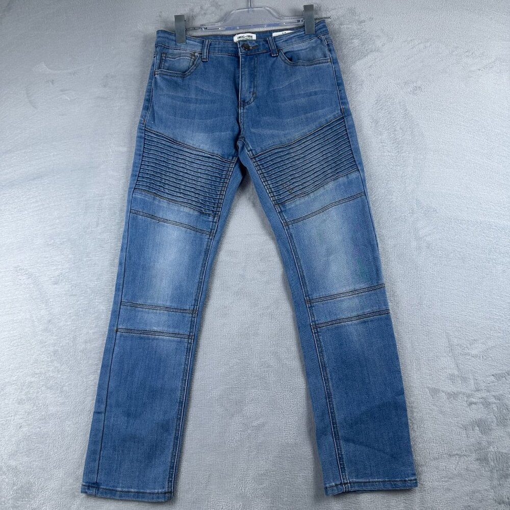 Ring Of Fire Straight Leg Jeans Moto Biker Men Size 14 Slim Fit Medium Wash Blue